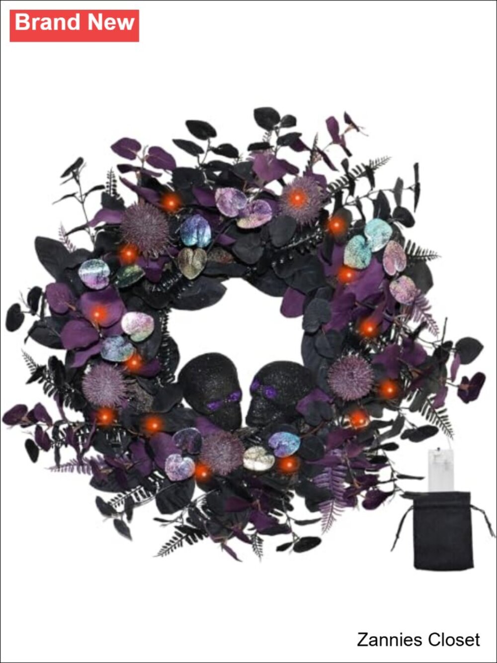 👻 Prelit Halloween Wreath 22" 40 LEDs Skull Floral Door Decor
